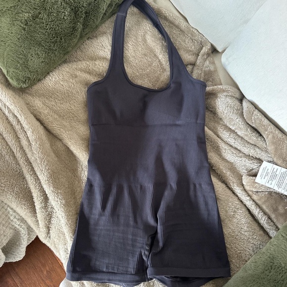 Grey halter workout bodysuit romper - Picture 2 of 4